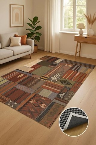 Patcwork Desen Renkli Modern Halı Dekoratif Kilim Bordo