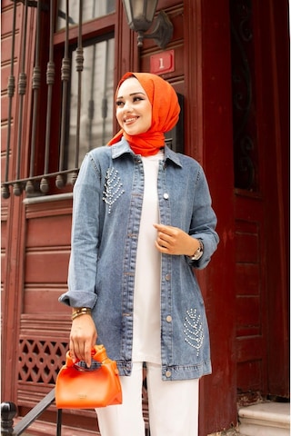 Harman Butik Kadın Boncuk Detaylı Denim Kot Ceket Mavi Mavi