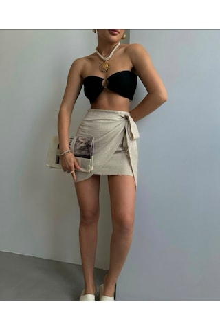 Algebutik Doğal Keten Dokulu Bağlamalı Mini Etek Bej