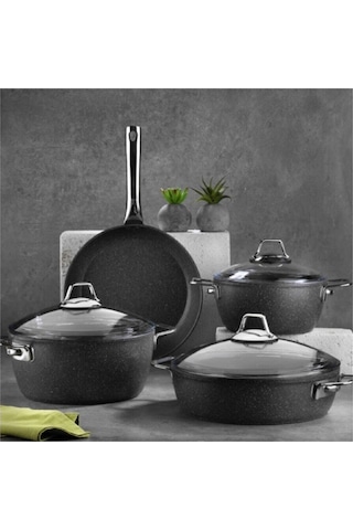 Falez Black Line 7 Parça Granit Tencere Seti Siyah