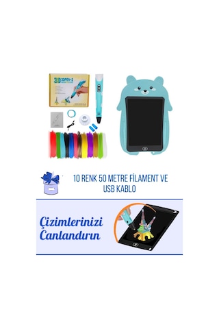 Mavi 3D Kalem 3D Pen Yazıcı Kalem | 50 Metre PLA Filament + Grafik Tablet + USB Kablo