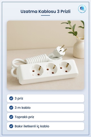 Uzatma Kablosu 3 Prizli M Uzatıcı Çoklayıcı Topraklı Priz Beyaz E