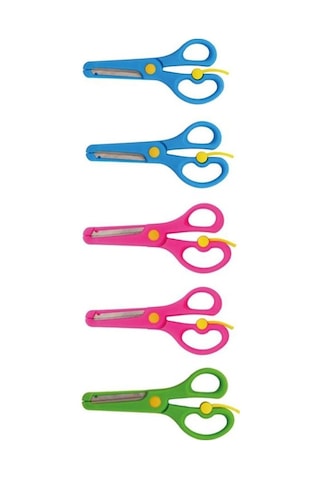 Neon Plastik Korumalı Küt Uçlu Yaylı Çocuk Okul Makası 5 Li Set