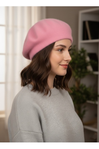 Derikem Fransız Tüylü Peluş Ressam Bere Kadın Şapka Pembe