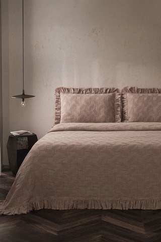 Ecocotton Tanya Pudra %100 Organik Pamuk Çift Kişilik Pike Yatak Örtüsü Takımı Pudra