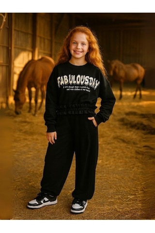 Kız Çocuk 3 İplik Beli Fırfır Detaylı Oversize Tasarım Eşofman Takımı-16171 Siyah