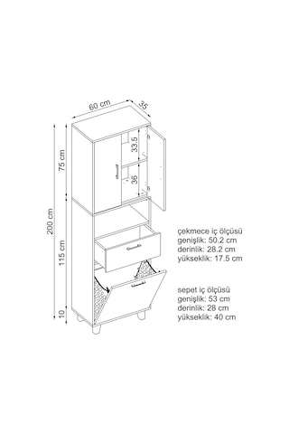 Çamaşır Sepetli Banyo Dolabı, Çok Amaçlı Dolap 60 X 200, Roomart Atlantik Çam - Beyaz