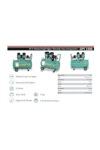 Gap Kompresör Gpy1500 2 Hp 8 Bar 50 Lt Sessiz Yağsız Kompresör