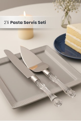 2'li Kristal Saplı Pasta Servis Seti Spatula Bıçak Sunum Servis Seti