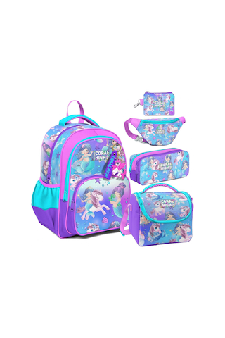 Coral High Mor Pembe Unicorn Desenli Kız Çocuk Beşli Okul Çanta Seti - İlkokul Ve Ortaokul İçin Uygun Mor
