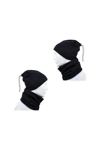 Unisex Siyah Şapka Bere Olabilen İpli Polar Boyunluk Siyah