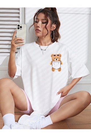 Ayı Cep T-shirt - Beyaz Baskılı Oversize Bisiklet Yaka Kısa Kol Tişört Beyaz
