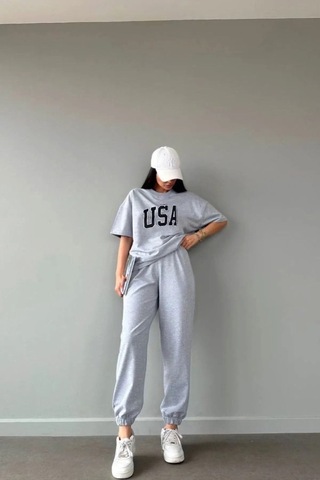 Usa T-shirt Eşofman Altı Jogger- Gri Baskılı Alt Üst Eşofman Takım Oversize Bisiklet Yaka Gri