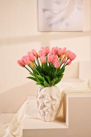 Pembe Yapay Tulipa Lale Çiçeği Buketi 5 Dallı Premium Canlı Islak Dokulu 43 Cm