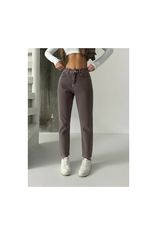 Blue Marlın Yüksek Bel Kahverengi Taş Yıkama Mom Jeans Kahverengi Taş Yıkama