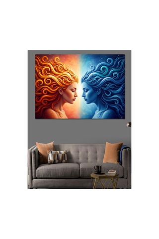 Zıt Renklerde İki Kadın Yüzü Yağlı Boya Dokulu Kanvas Tablo Canvas Tablosu