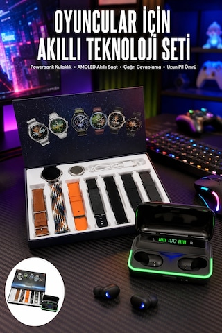 Mey İthalat Powerbank Bluetooth Kulaklık Ve Akıllı Saat 7 Kordonlu Metal Kordon Plastik Kordon