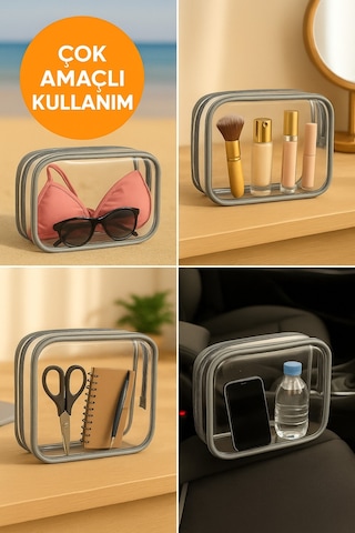 Gri Su Geçirmez Pvc Makyaj Ve Organizer Düzenleyici Seyahat Çantası