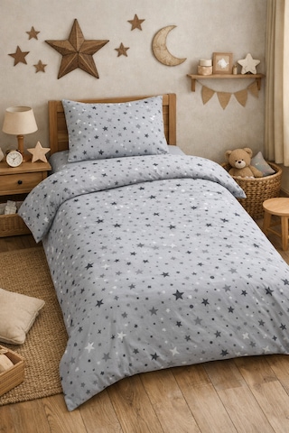 Tek Kişilik Nevresim Takımı 160x220cm 2 Yastık Kılıfı Lastikli Çarşaflı 120x200+30 Yıldız Desenli Gri