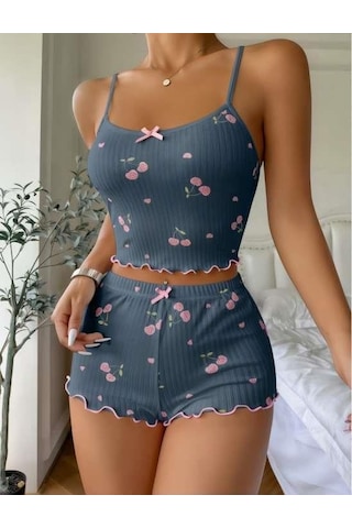 Mavi Kiraz Desenli Askılı Şortlu Pijama Takımı Mavi
