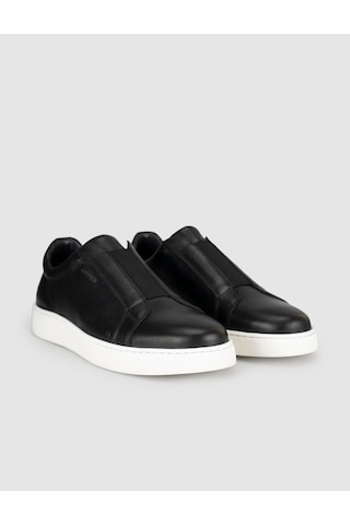 Cabani Hakiki Deri Siyah Beyaz Taban Bağcıksız Erkek Sneaker Ayakkabı