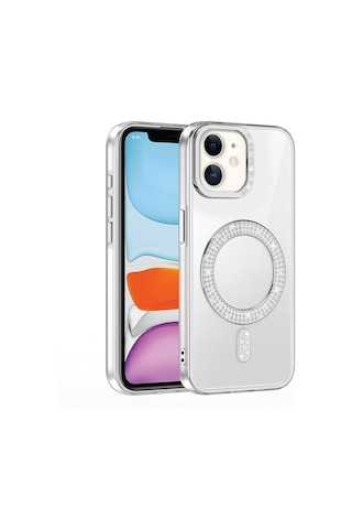 Apple Uyumlu iPhone 11 Kılıf Pırlanta Taş Tasarımlı M-safe Şarj Özellikli Karetta Silikon Kılıf Gümüş