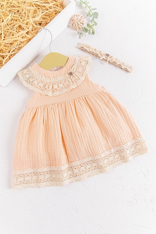 Baby Güpür Yakalı Bandanalı Yazlık Müslin Bebek Elbise