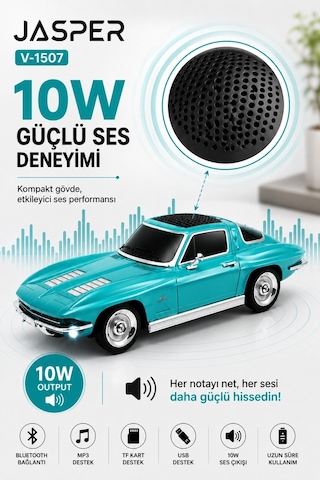 Jasper Jpr-1507 Turkuaz 10w Bluetooth Hoparlörlü Retro Araba Tasarım Fm Radyo, Usb, Tf Kart, Aux Ve Mp3