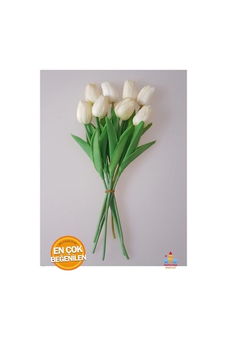 Beyaz Yapay Lale Buketi - Gerçeksi Dokulu, 8 Adet 32 Cm Islak Lale - Dekoratif Çiçek Aranjmanı Beyaz
