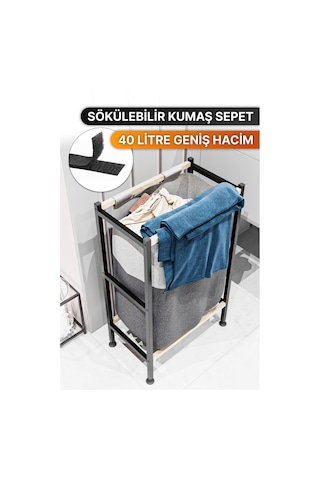 Bino Ahşap Raflı Keten Kumaşlı Banyo Düzenleyici Çamaşır Sepeti Siyah