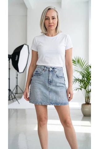 Byemelika Taş Baskılı Zr Denim Mini Etek Buz Mavi