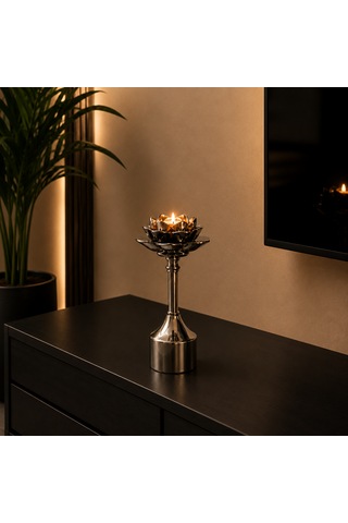 Lotus Çiçeği Metal Şamdan Mumluk 3'lü Dekoratif Set Gümüş