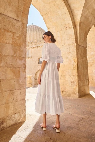 Monamise 23077 Kadın Truvakal Kol V Yaka Elbise-beyaz Beyaz