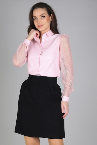 Sweetness Kadın Pudra Pembe Tül Kollu Uzun Kol Gömlek Pembe