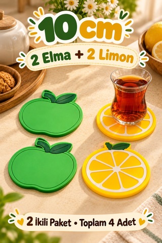 4'lü Elma Limon Desenli Bardak Altlığı Set 10cm Kahve Çay Fincan Altlığı Renkli Masa Sunum Aksesuarı Çok Renkli