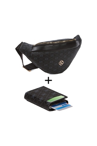 Newish Polo Kadın Desenli Mekanizmalı Cüzdan Ve Çapraz Omuz Askılı Bel Ve Omuz Çantası New345- Siyah - Siyah