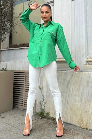 WeShaya Kadın Benetton Yeşil Apolet Ve Zımba Detaylı, Salaş Kesim, Terletmez, Poplin Gömlek Benetton