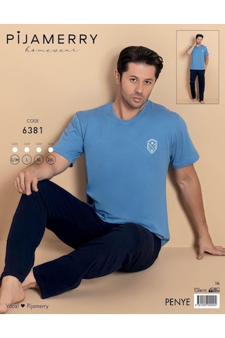 Pijamerry Erkek Bisiklet Yaka Kısa Kol Penye Pijama Takımı 6381 - 1 Adet Mavi