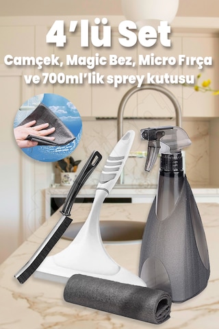 4'lü Set Pencere Cam Temizleme Seti - Camçek, 700ml Sprey Kutu Beyaz