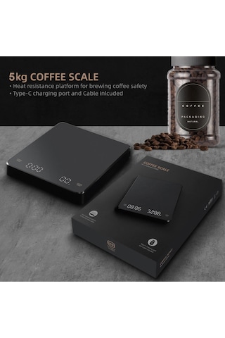 Zamanlayıcı Led Ekranlı Dijital Kahve Tartısı Dahili Pil 5kg Max. Tartım 0.1g Yüksek Hassasiyet Oz/ml/g Cinsinden Ölçer, Pour Over Ve Damla Kahve İçin Mutfak Tartısı Siyah