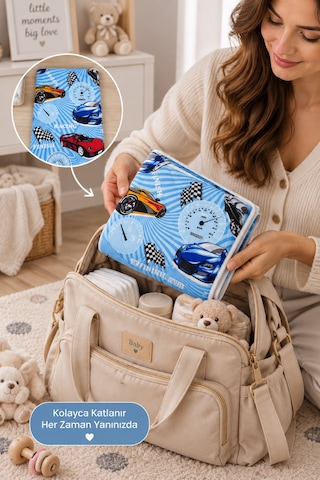 Yıkanabilir Bebek Alt Açma Pedi - Sıvı Geçirmez Kapitoneli Bakım Örtüsü, Pamuklu 50x70 Araba Desen