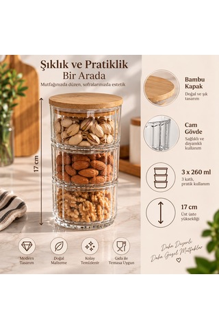 Bambu Kapaklı 3 Katlı Cam Saklama Kabı Seti 3x260 Ml