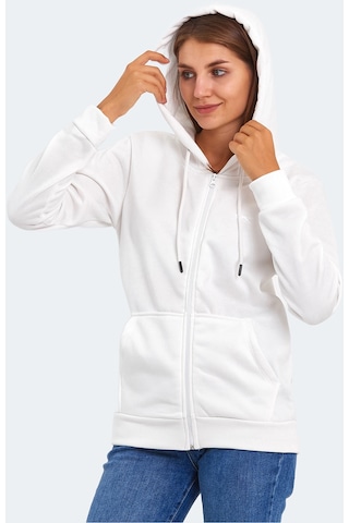 Slazenger KATYA Kadın Fermuarlı Kapüşonlu Cepli Beyaz Sweatshirt