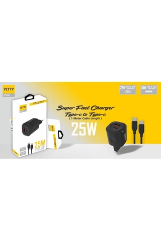 Yetty YT-25 25 W 3.0 Type-C To Type-C Hızlı Şarj Cihazı Siyah 1 M