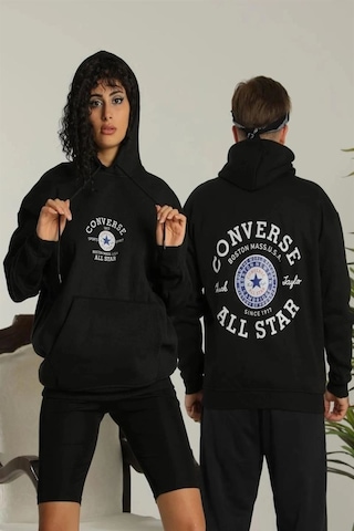 Mbb E-ticaret Erkek Sırt Baskılı Oversize 3 İplik Kapüşonlu Hoodie Sweatshirt - Siyah