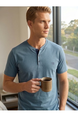 Guava Erkek Düz Renk 3 Düğmeli %100 Pamuk Penye Yazlık Kısa Kollu Cepli Pijama Takımı Füme