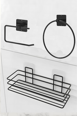 Karteya 3'lü Set Yapışkanlı Banyo Düzenleyici Duşakabin Şampuanlık Banyo Rafı Wc Kağıtlık Ve Havluluk Siyah