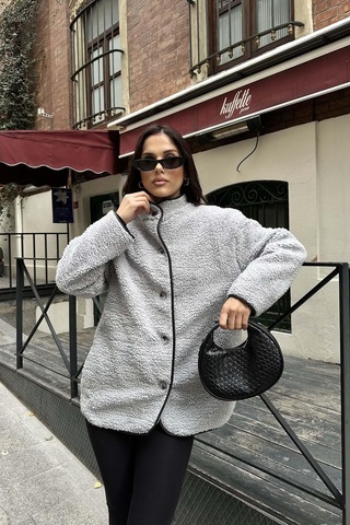 Myloore Gri Kadın Peluş Düğmeli Oversize Ceket Yumuşak Dokulu Mlb134