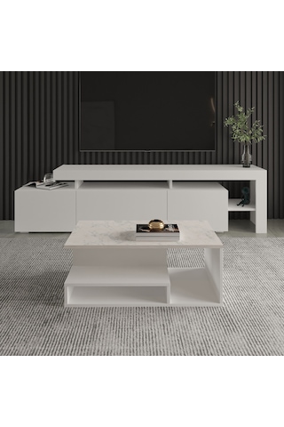 Vera Mini Orta Sehpa Modern Tasarım, Fonksiyonel Raflı Yap Beyaz/beyaz Mermer