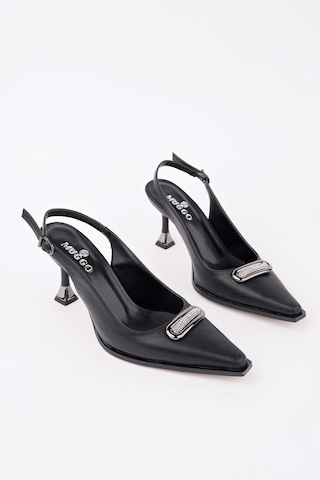 Muggo Heels Arkası Açık Toka Detaylı Günlük Klasik Topuklu Kadın Stiletto Ayakkabı Siyah